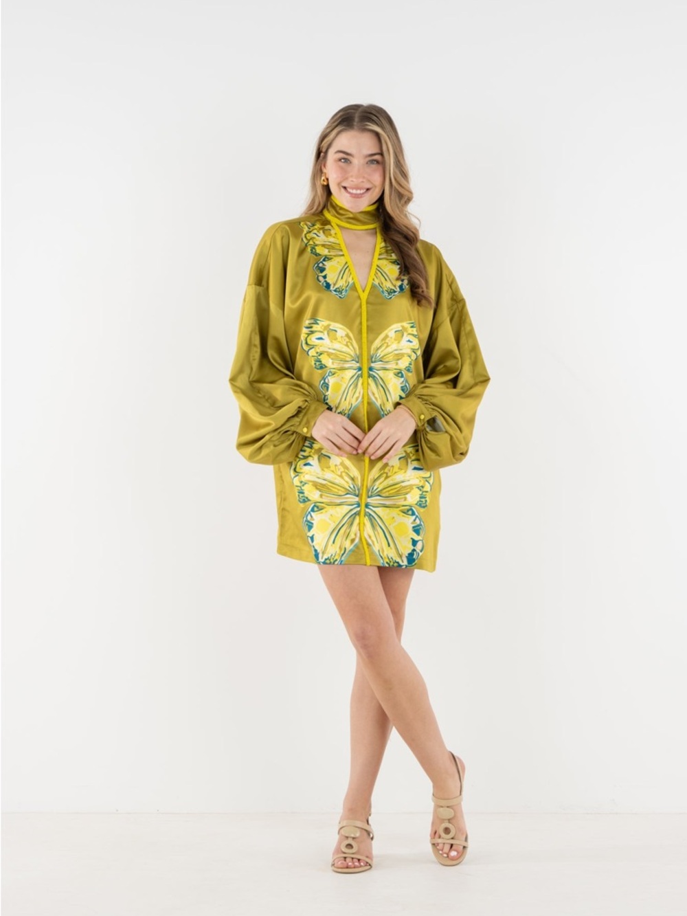 Emily McCarthy Sasha mini  Butterfly-Print chartreuse  Tunic Dress xxs